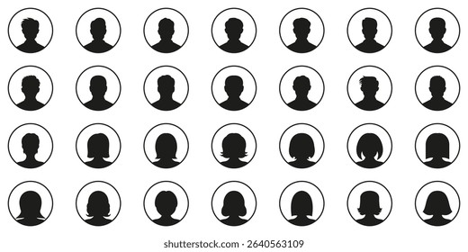 Circular Avatar Head Icons for Profile Identification and User Interface Elements Solid Icon Set. Generic Person Silhouettes in Round Frames Symbol Collection. Isolated Vector Illustration.