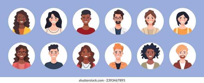 Circular avatars showcasing diverse, happy faces of young men and women. Colorful flat vector illustration for user profiles. Profile interface.