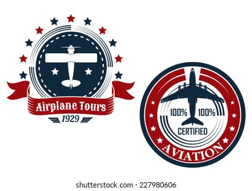 Circular aviation emblems or badges showing a small private plane with text Airplane Tours and commercial jetliner with text Aviation