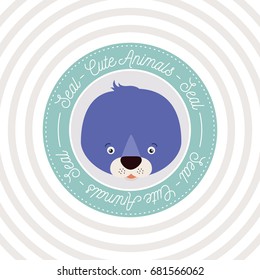 circular background with color frame decorative and face seal cute animal text vector illustration