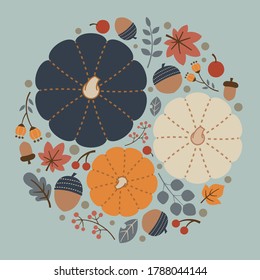 Circular background element with pumpkin, acorn, berry, and leaves.