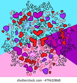 circular background of hearts, word love, mixed color