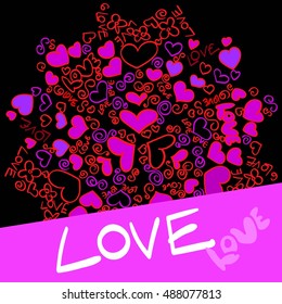 circular background of hearts, word love, mixed color