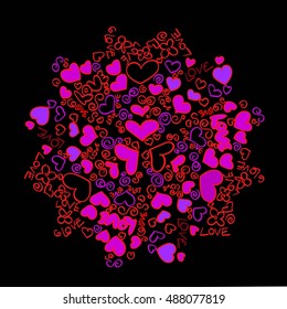 circular background of hearts, word love, mixed color