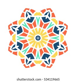 Circular background. Oriental pattern illustration. Flower circular ornament. A stylized mandala. Beautiful ethnic, oriental kaleidoscope big bud. Stylized lace ornament. Vintage