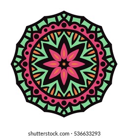 Circular background. Oriental pattern illustration. Flower circular ornament. A stylized mandala. Beautiful ethnic, oriental kaleidoscope big bud. Stylized lace ornament. Vintage