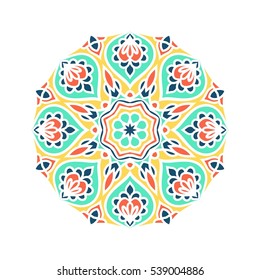 Circular background. Oriental pattern illustration. Flower circular ornament. A stylized mandala. Beautiful ethnic, oriental kaleidoscope big bud. Stylized lace ornament. Vintage