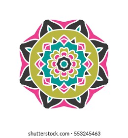 Circular background. Oriental pattern illustration. Flower round ornament. A stylized mandala. Beautiful ethnic, oriental kaleidoscope big bud. Stylized lace ornament. Vintage