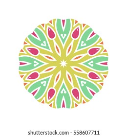 Circular background. Oriental pattern illustration. Flower circular ornament. A stylized mandala. Beautiful ethnic, oriental kaleidoscope big bud. Stylized lace ornament. Vintage