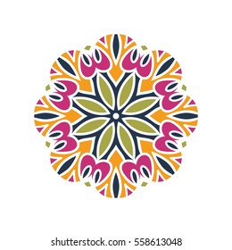 Circular background. Oriental pattern illustration. Flower circular ornament. A stylized mandala. Beautiful ethnic, oriental kaleidoscope big bud. Stylized lace ornament. Vintage