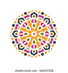 Circular background. Oriental pattern illustration. Flower circular ornament. A stylized mandala. Beautiful ethnic, oriental kaleidoscope big bud. Stylized lace ornament. Vintage