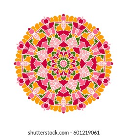 Circular background. Oriental pattern illustration. Flower circular ornament. A stylized mandala. Beautiful ethnic, oriental kaleidoscope big bud. Stylized lace ornament. Vintage
