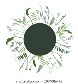 Circular background with set of dried flowers silhouettes.  Vector illustration.