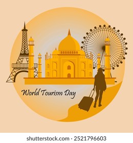 a circular background with several famous landmarks from around the world, including the Eiffel Tower the Taj Mahal and the London Eye A silhouette of a person with a suitcase World Tourism Day at top