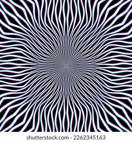 Circular background of white black and cyan magenta radial striped pattern. Psychedelic optical art design.