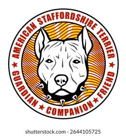 Circular badge: AmStaff vector (black spiked collar) on rsunny and red wavy background. Encircling text: American Staffordshire Terrier above, Guardian. Companion. Friend. below. Breed pride emblem