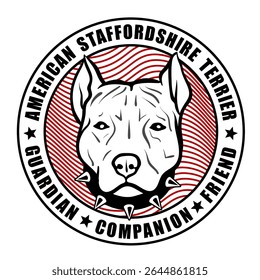 Circular badge: AmStaff vector (black spiked collar) on red wavy background. Encircling text: American Staffordshire Terrier above, "Guardian. Companion. Friend. below. Breed pride emblem