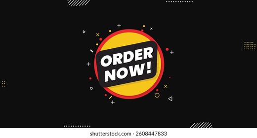 Circular “Order Now!” Badge – Bold White Text in Black Box on Yellow and Red Circle with Geometric Accents for Flash Sale Banners, Ecommerce Ads, and Call-to-Action Promotional Graphics

