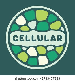 Circular badge with cellular text surrounded by green mosaic cell shapes and a thick border