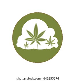 Circular badge with cloud or smoke with marijuana leaves silhouetted out of the cloud.