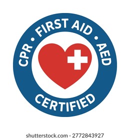 a circular badge with cpr first aid aed text and a red heart with white
