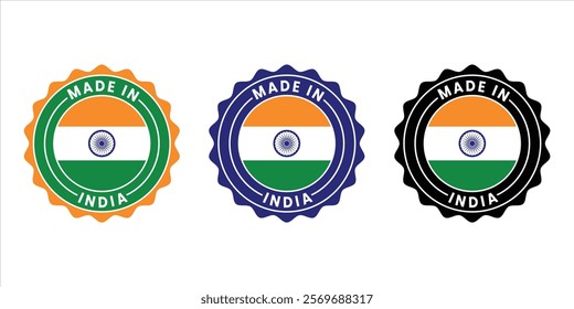 Circular badge design featuring Made in India text with tricolor flag theme. Perfect for product packaging, branding, and showcasing Indian quality.