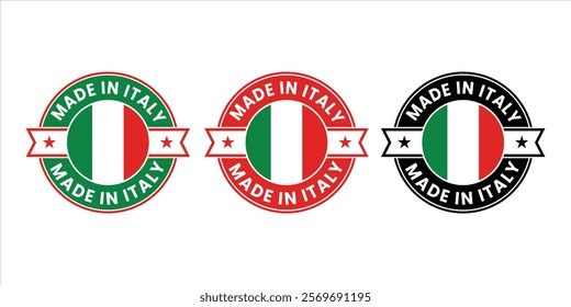 Circular badge design featuring Made in Italy text with vibrant flag elements. Great for branding, packaging, and showcasing Italian-made quality.