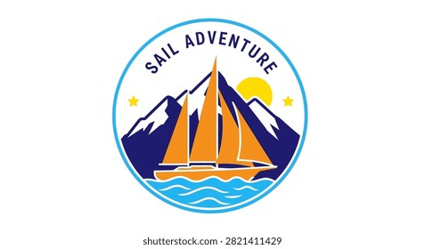 A circular badge design showcasing a sailboat navigating waters in front of snow-capped mountains with a bright sun under the text Sail Adventure