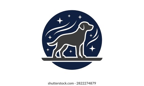 Circular badge featuring a loyal pet under stars for outdoors.