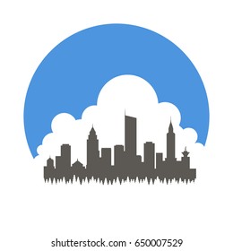 Circular badge with a forest in front of a city in front of a large cloud using positive & negative space.
