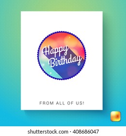Circular badge greeting card template with happy birthday text in white rectangle over green and blue gradient with yellow square button in corner