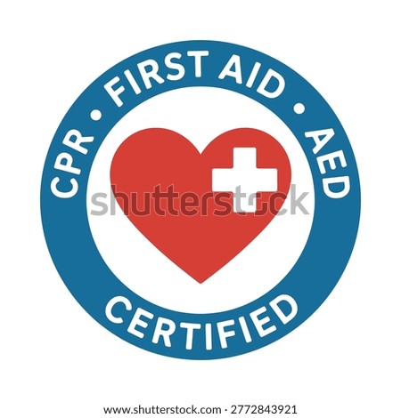 a circular badge indicating cpr, first aid, and aed certification with a red heart and