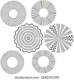 Circular badge shapes. Decorative rosette icon. Symmetric vector pattern. Ornamental ring illustration.