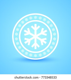 Circular badge with snowflakes isolated on blue background