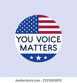 Circular Badge with Soft Blue Background Featuring American Flag Design and the Phrase YOUR VOICE MATTERS