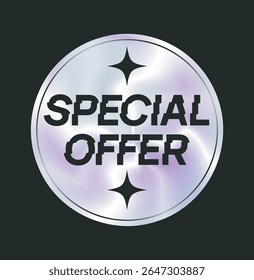Circular badge with Special Offer text in bold black font on shiny holographic background, minimal style on black backdrop. Concept of promotion. Vector illustration