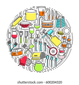 Circular banner of icons kitchen utensils. Kitchen facilities associated with cooking. Icon with elements for mobile concepts and web applications. Line icon and flat style. Vector sign.