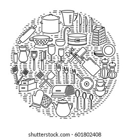 Circular banner of icons kitchen utensils. Kitchen facilities associated with cooking. Icon with elements for mobile concepts and web applications. Line icon and flat style. Vector sign.