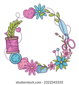 Circular banner template for handmade, knitting, sewing. Frame with sewing and knitting attributes in doodle style