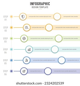 Circular and bar infographic template or element with 6 vertical step, process, option, bullet, colorful circle, arrow, rectangle, minimal style for sale slide, flowchart, workflow, schedule, planner