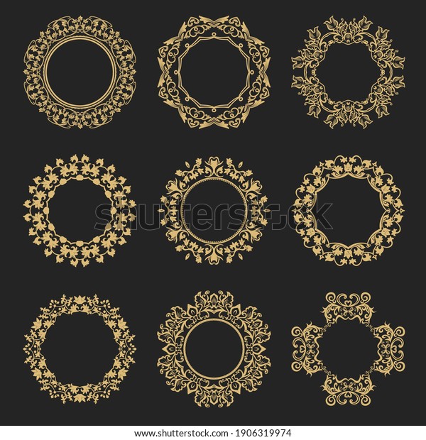 Circular baroque ornament. Gold decorative
frame. The place for the text. Applicable for monograms, logo,
wedding invitation, menu. Vector
graphics.