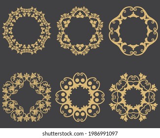 Circular baroque ornament set. Gold decorative frame. The place for the text. Applicable for monograms, logo, wedding invitation, menu. Vector graphics.