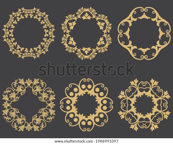 Circular baroque ornament set. Gold\
decorative frame. The place for the text. Applicable for monograms,\
logo, wedding invitation, menu. Vector\
graphics.