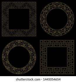 Circular baroque patterns. Round floral arabic ornaments. Vintage frame. Greeting card. Wedding invitation. Retro style. Monogram decorative frames. Vector logo template, labels and badges