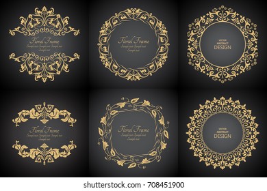 Circular baroque patterns. Round floral ornaments. Vintage frame. Greeting card. Wedding invitation. Retro style. Monogram decorative frames. Vector logo template, labels and badges. set.