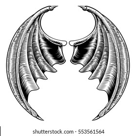 A circular bat demon dragon wings horror Halloween design in a vintage woodcut style