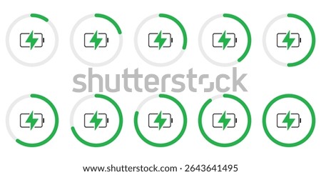 Circular Battery Charging Indicator Icons Set – Power Level Progress with Lightning Symbol in Vector Infographic Style