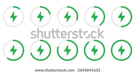 Circular Battery Charging Indicator Icons Set – Power Level Progress with Lightning Symbol in Vector Infographic Style