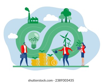 Inversión en economía circular o bcg, energía verde Medio ambiente, industria sostenible con molinos de viento y paneles de energía solar. Concepto de recursos naturales ambientales, renovables y de reutilización.vector