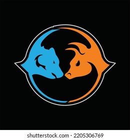 circular bear and bull image logo design, representing strong colors